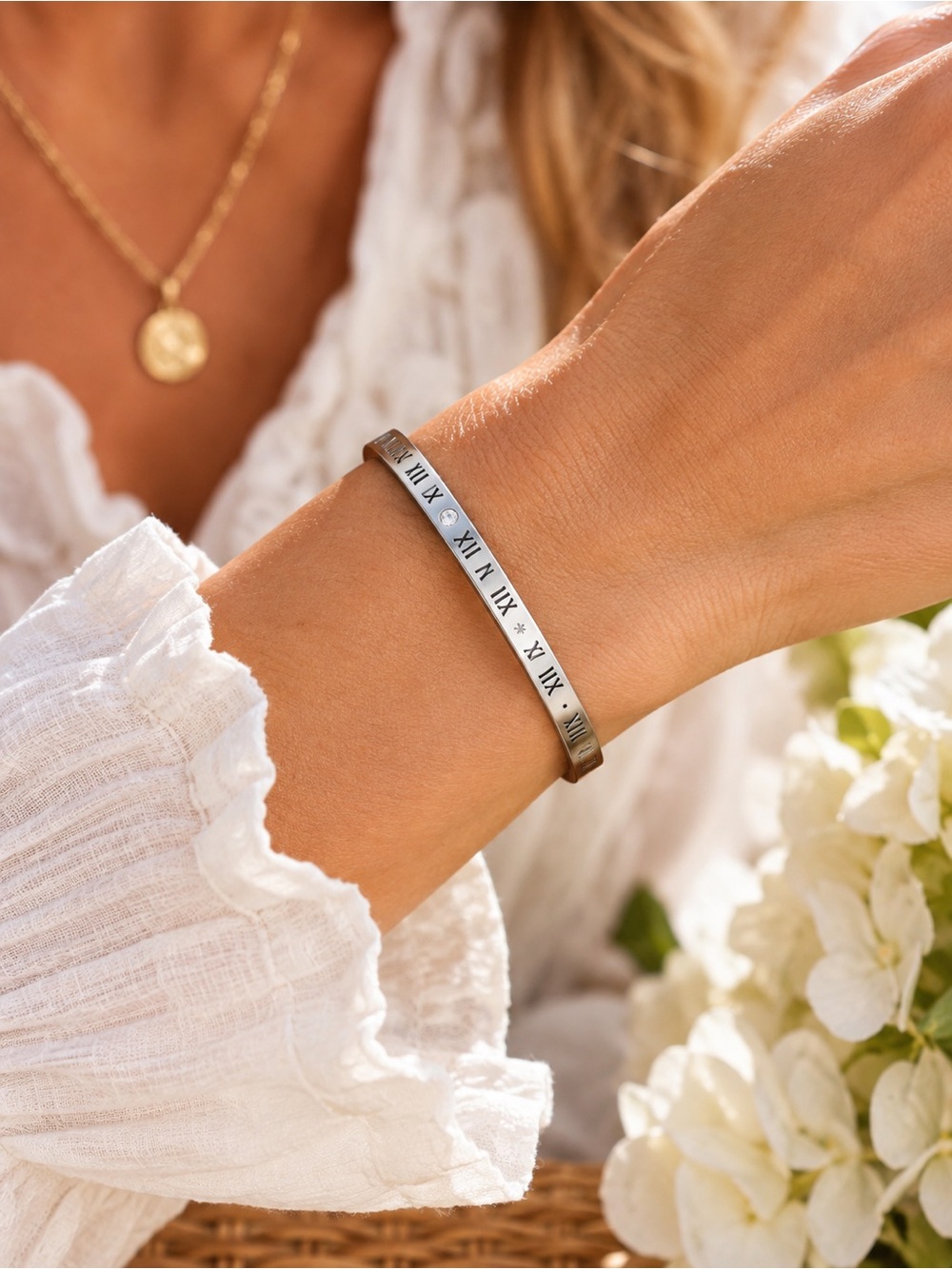 Silver Roman Numeral CZ Bangle Bracelet Titanium Steel Waterproof